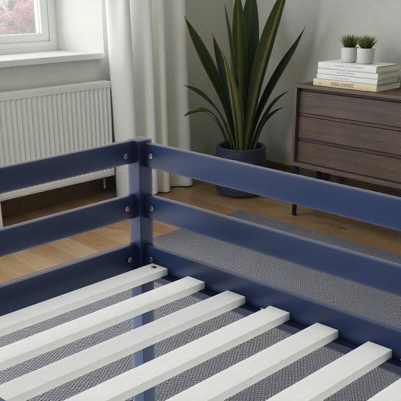 Solid Wood Twin Loft Bed with Ladder, Rubber Wood Frame Low Height Design with Guard Rails and Storage Space