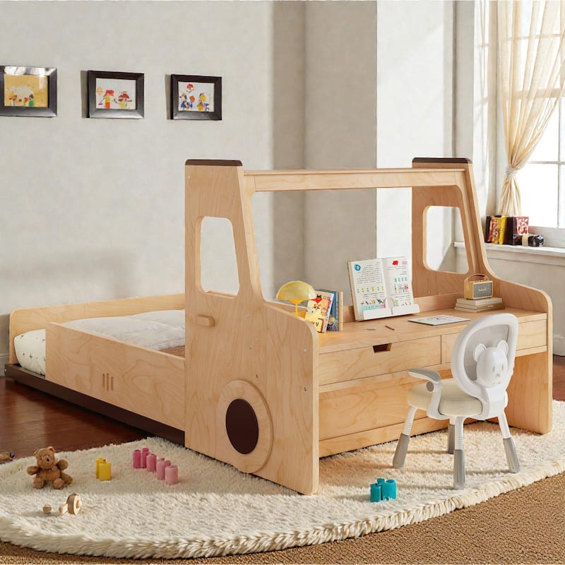 Kids Car Floor Bed with Storage Drawers and Desk, Car-Shaped Wood Floor Bed with Window, Twin Full Sizes