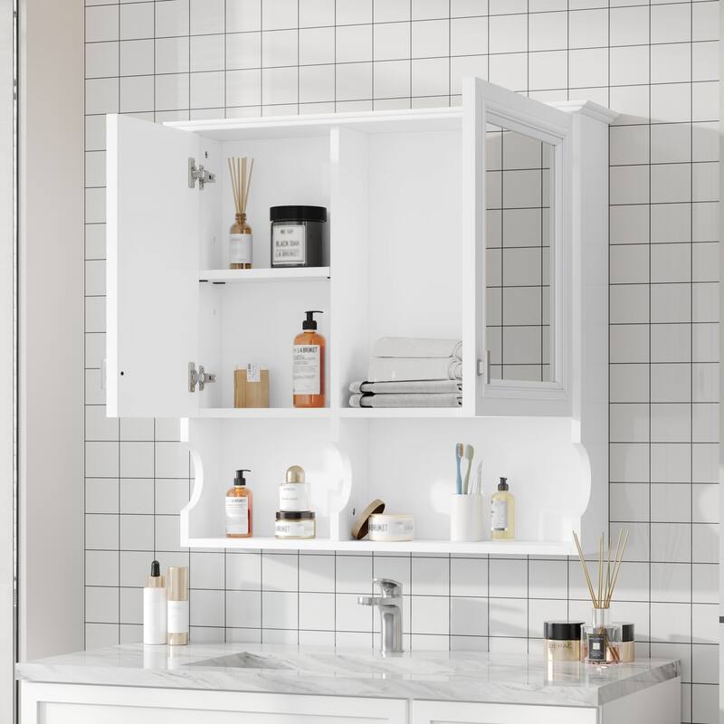 GDFStudio - Avenley Modern Wall-Mounted Bathroom Medicine Cabinet with Mirror, Doors and Open Shelves & Adjustable Shelf - 30"W - White