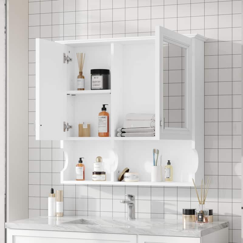 Roomfitters 30" Wall Mounted Bathroom Storage Cabinet with Mirror and Double Doors, Medicine Cabinet with Adjustable Shelves - White