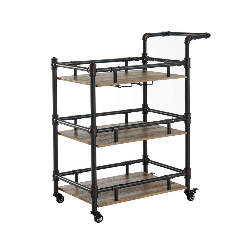 Rustic Three Tier Wood and Metal Serving Cart, Black and Brown - 39.88 H x 35.63 W x 18.75 L Inches
