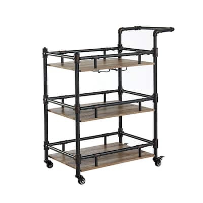Rustic Three Tier Wood and Metal Serving Cart, Black and Brown - 39.88 H x 35.63 W x 18.75 L Inches