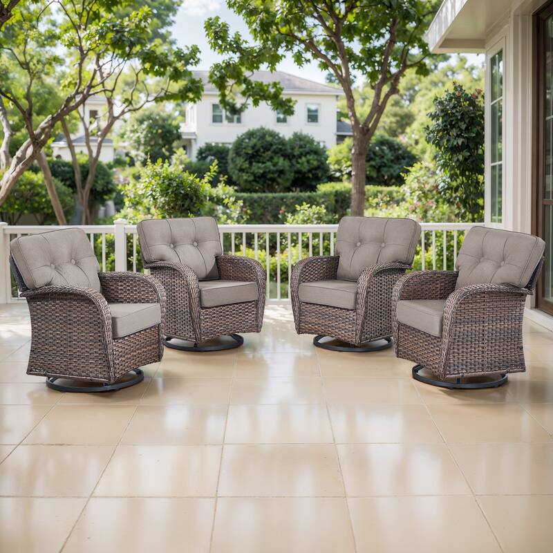 TWrap Brown Wicker Patio Swivel Glider Chairs with 5-Inch Thick Cushions (4-Pack)