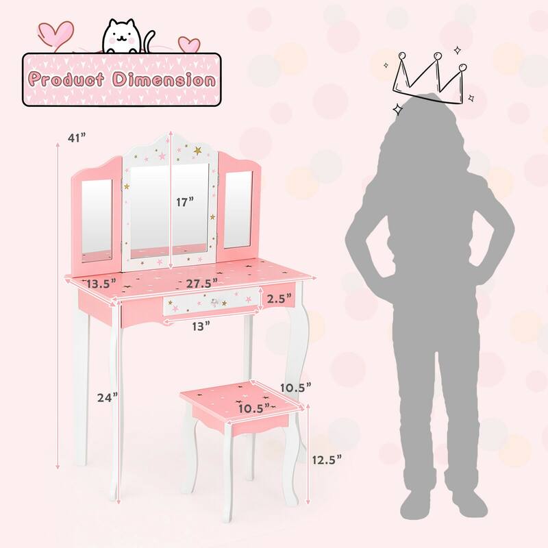 Gymax Kids Vanity Princess Makeup Dressing Table Chair Set W/ - See Details