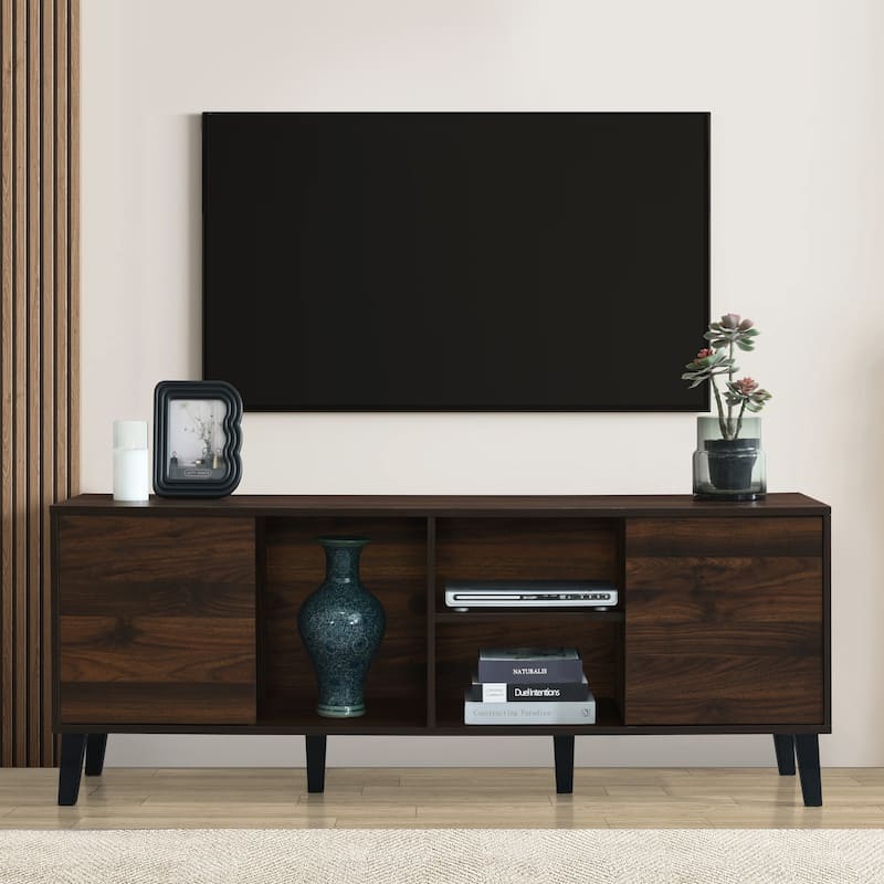 Roomfitters Mid Century TV Stand with 2 Cabinets, Console for 70" TVs, Entertainment Center for Living Room, Dark Brown