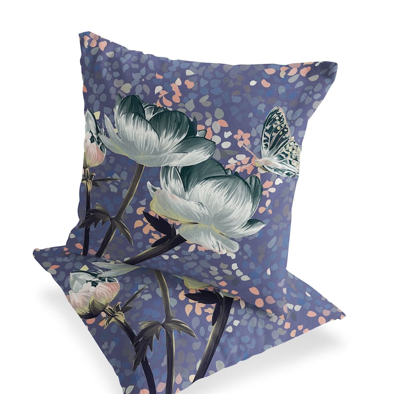 HomeRoots Set of Two 16" X 16" Green and Pink Butterfly Blown Seam Floral Indoor Outdoor Throw Pillow - 16.00' X '16.00' X '5.00