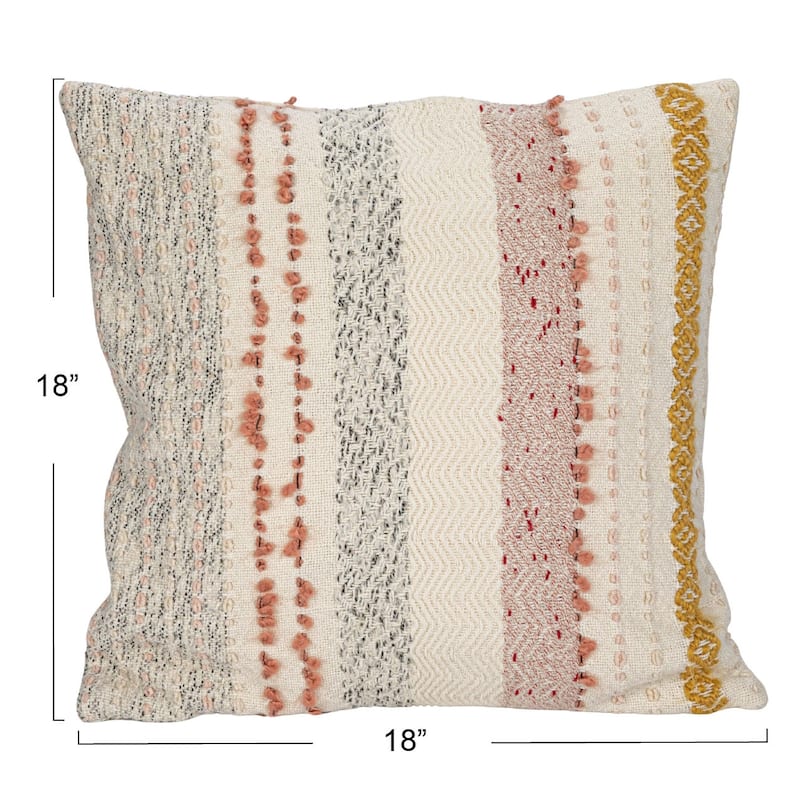 Woven Cotton Blend Pillow with Stripes and Embroidery - 18.0"L x 18.0"W x 0.5"H