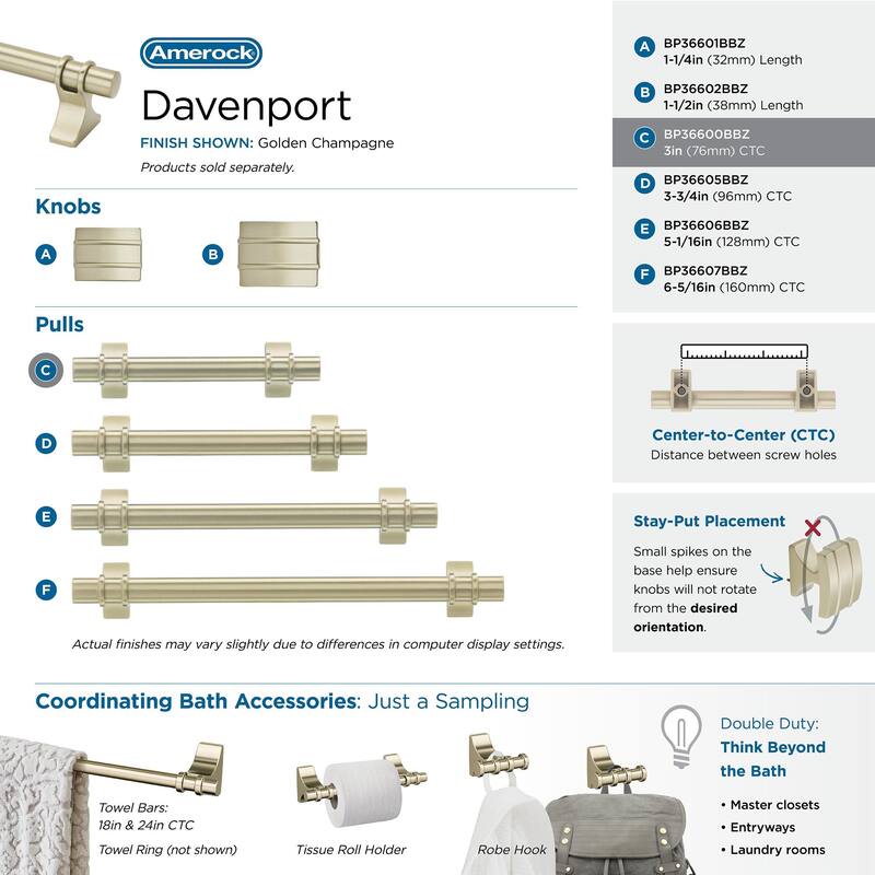 Davenport 3 in (76 mm) Center-to-Center Golden Champagne Cabinet Pull