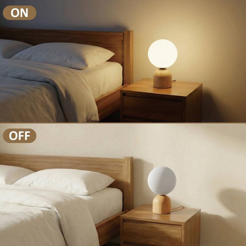 9.84'' Modern Opal Glass Globe Table Lamp with Solid Rubber Wood Base, Rotary Dimmer Switch (Bulb Not Included)