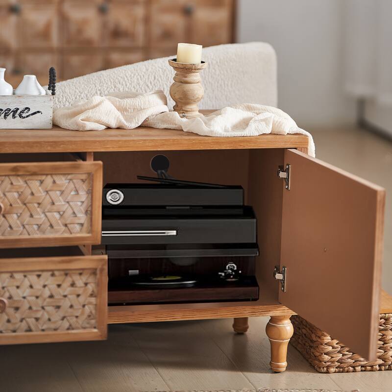 Rattan TV Stand for 55/60/65 Inch TVs, Mid-Century Boho Media Console with Doors, Drawers and Adjustable Shelf