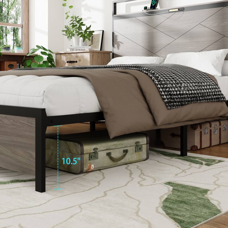Roomfitters Wood Platform Bed Frame with Charging Station, Illuminated Headboard & Large Under-Bed Storage, Antique Grey