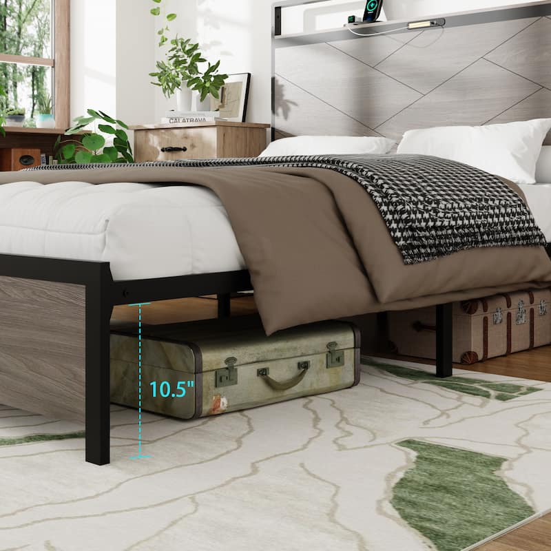 Wooden Platform Bed Frame with Charging Station and Touch Lamp