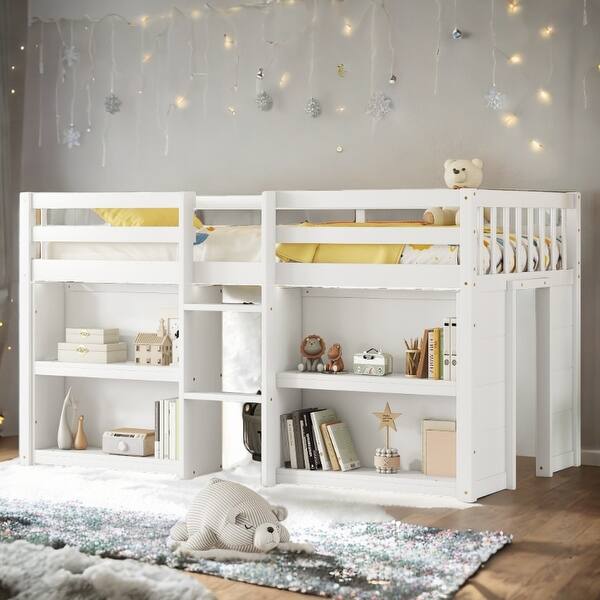 slide 2 of 14, Twin Size Low Loft Bed with Two-Tier Shelves, LED Light, and Built-In Playroom for Kids, White White