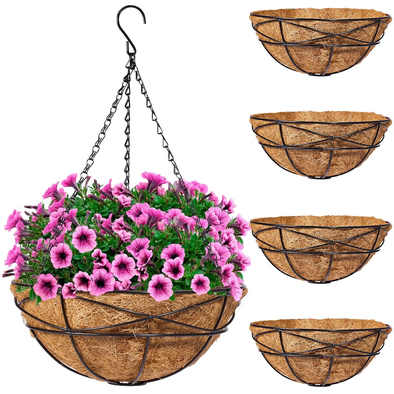 4 Pack Metal Hanging Planter Basket Huge 14 Inch Hanging Flower Pot Basket & Coco Coir Liner for Indoor/Outdoor Garden - Black