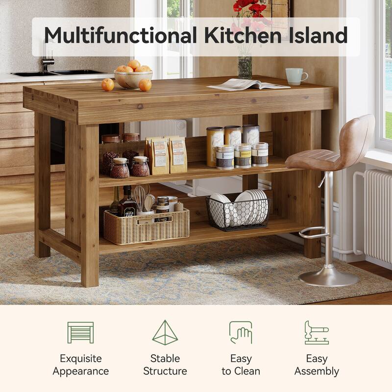 3-Tier 55 Inch Island, Solid Wood Farmhouse Center Island Table