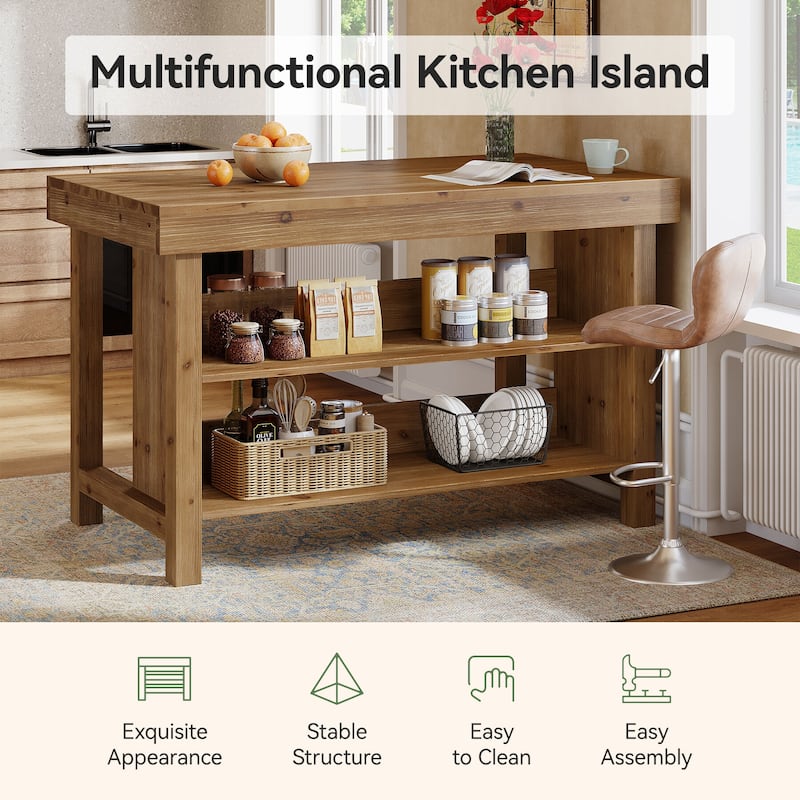 Solid Wood Island, 3-Tier 55 Inch Farmhouse Center Island Table