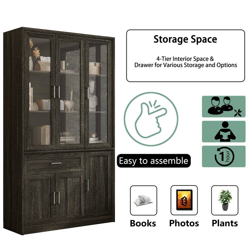 Modular Glass Door Bookcase Wall Unit with Storage Cabinets and Drawers, Dark Oak Display Hutch for Living Room or Home Office
