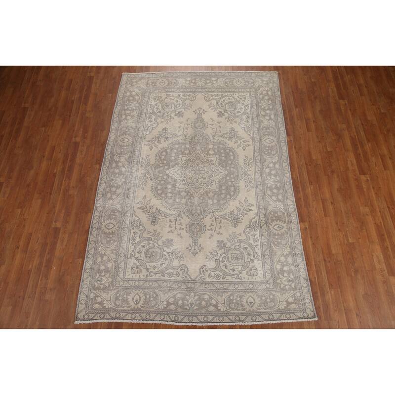 Hand Knotted Oriental 100% Wool Carpet Traditional Medallion Beige & Ivories Tabriz Area Rug - 9' 5'' X 6' 3''