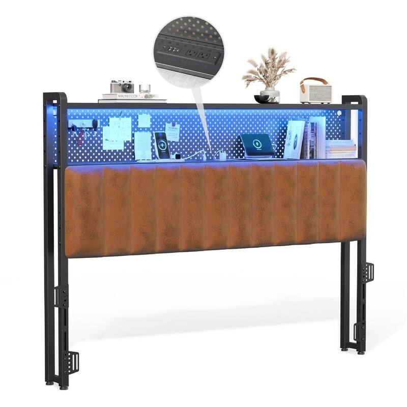 Adjustable Upholstered Headboard with 2 Tier Shelves with Charging Stations and LED Lights, Modern Bed Headboard with Storage - PU and brown - Queen
