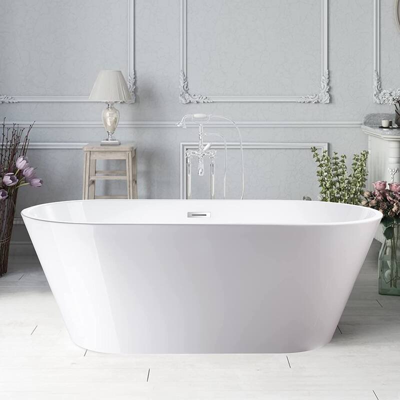 Vanity Art 54" Non-Slip Acrylic Freestanding Soaking Bathtub with Slotted Overflow & Pop-up Drain