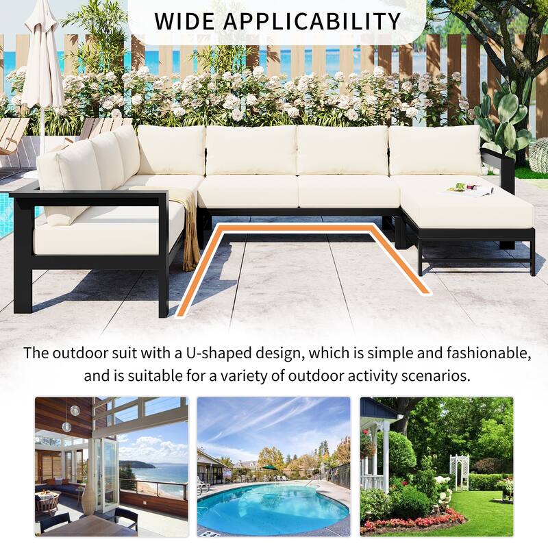 Outdoor Conversation Furniture Set for 6 People, Aluminum U Shaped Patio Sectional Sofa with Removable Cushions