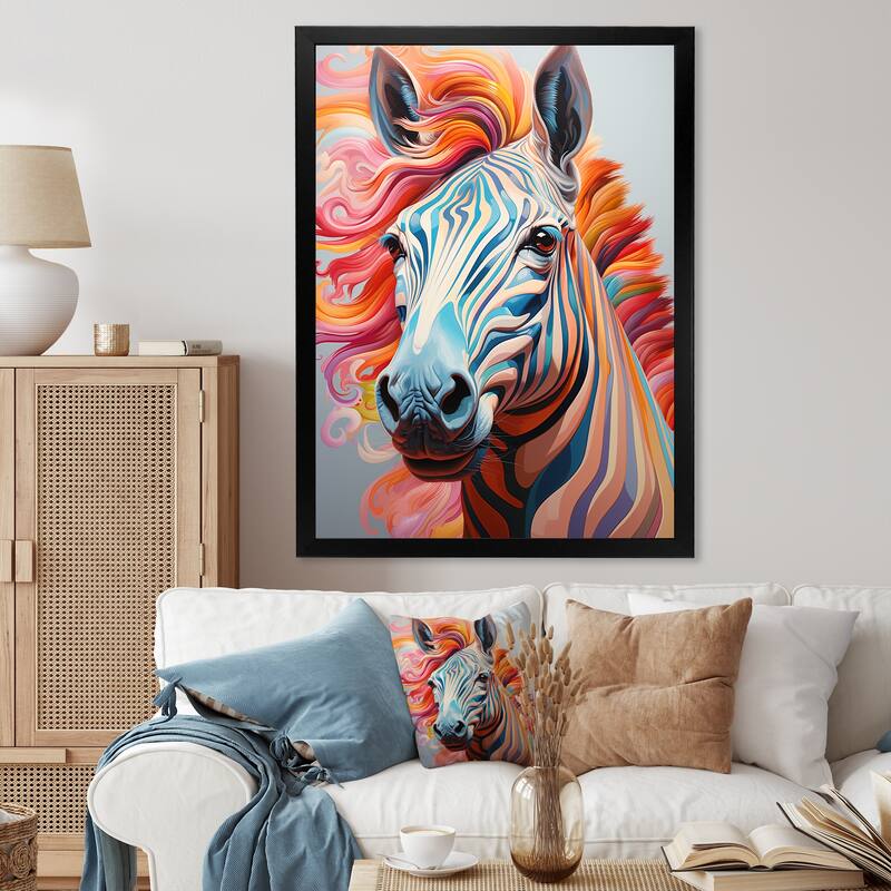Designart "Colorful Zebra Portrait" Animals Zebra Framed Wall Art Prints - 34 in. wide x 44 in. high - Black