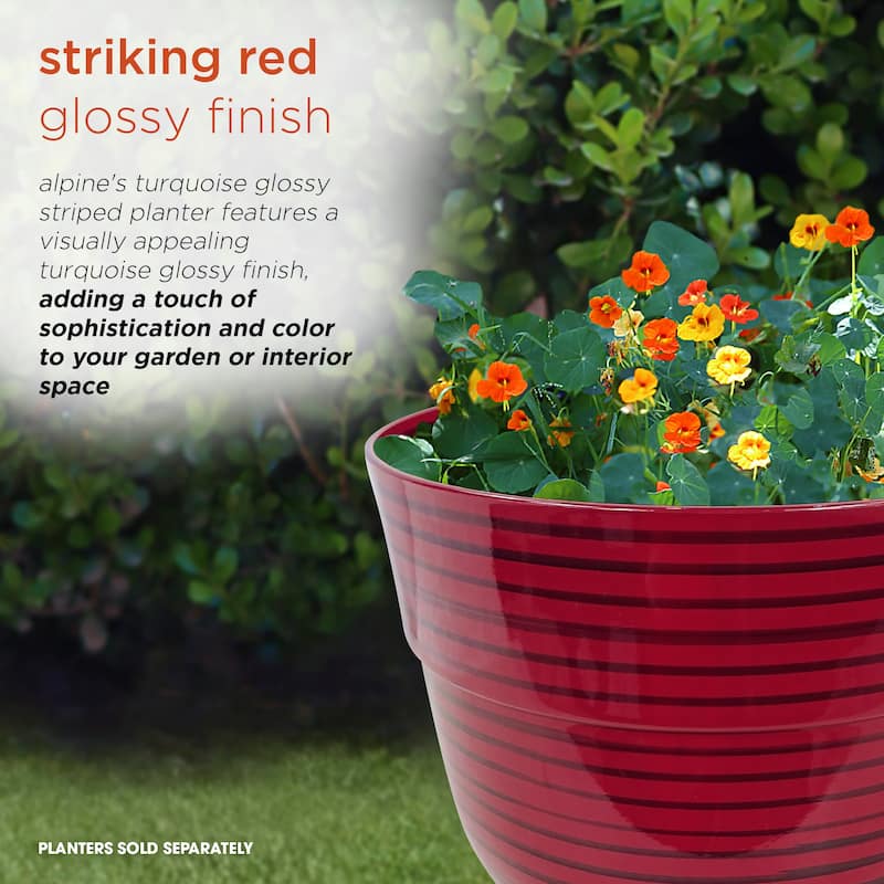 Alpine Corporation 13" Red Round Striped Planter w/ Drainage Hole/Plug