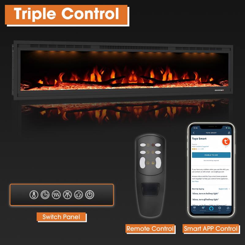 72" 1500W Inserted Wall Mounted Modern Linear Smart Electric Fireplace Heater with APP Control and Remote