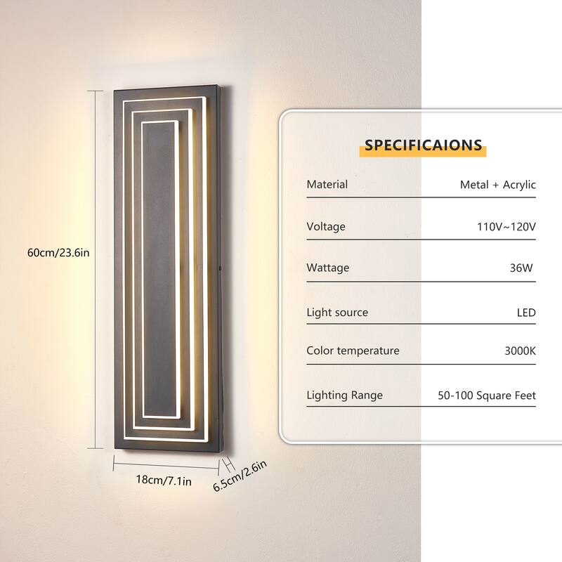 23.6 in Modern Long Outdoor Wall Lights Exterior Lights for House,LED Outdoor Wall Large Front Porch Light Fixture - Black