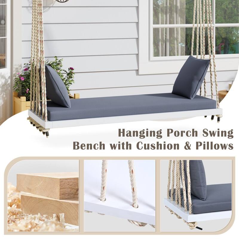 Porch Wooden Swing Chair with Hemp Ropes, Patio Hanging Swing Bench with Cushion & 2 Pillows