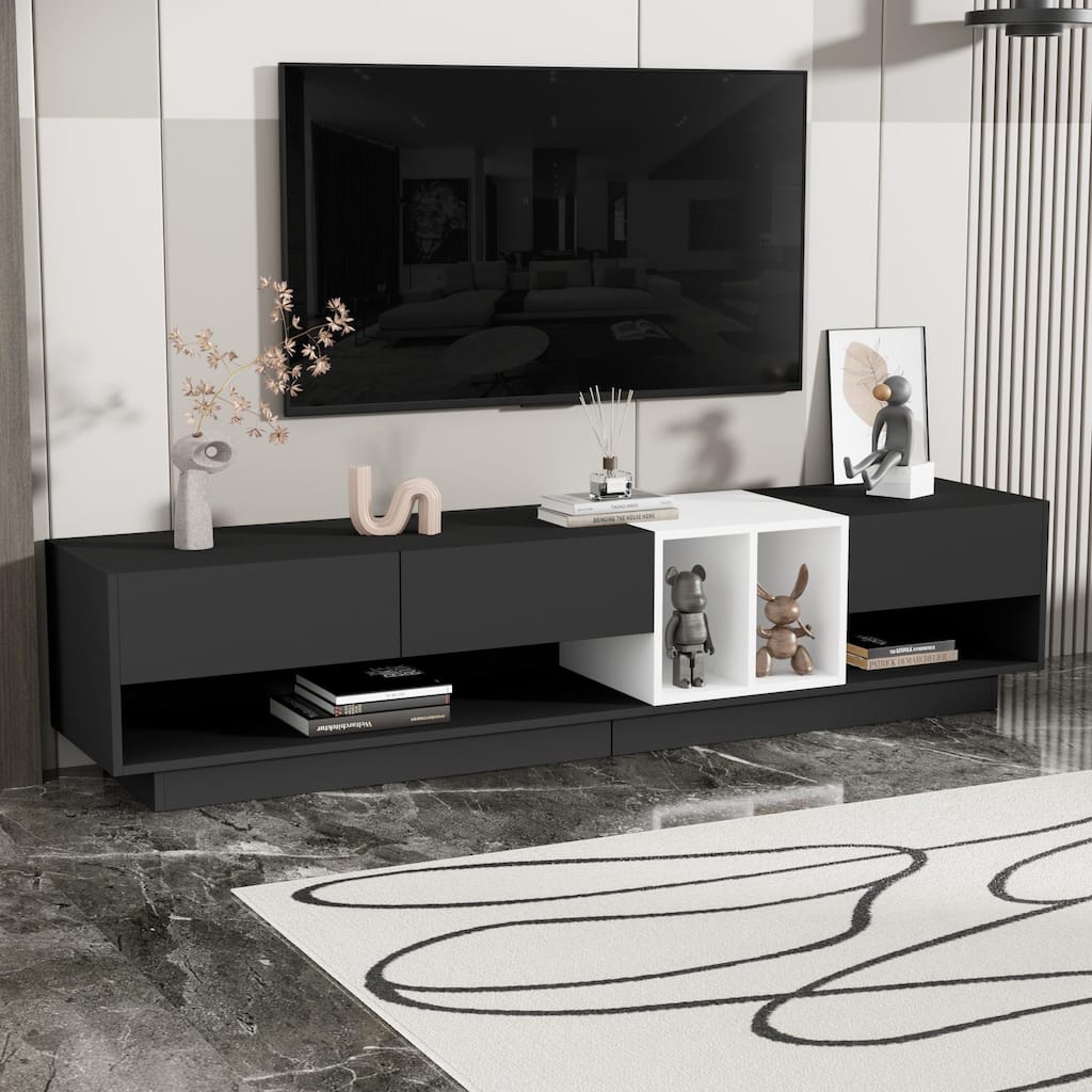 Modern Minimalist 2-Tone TV Stand, for TVs Up to 80" with 3 Drawers and Versatile Compartment, for Living Room, Black