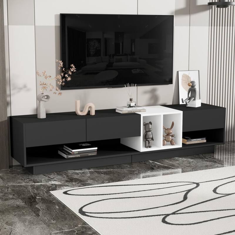 Two-Tone TV Stand with Open Storage, Wood Media Console for TVs Up to 80", Wide Top Media Console Table for Living Room - Black