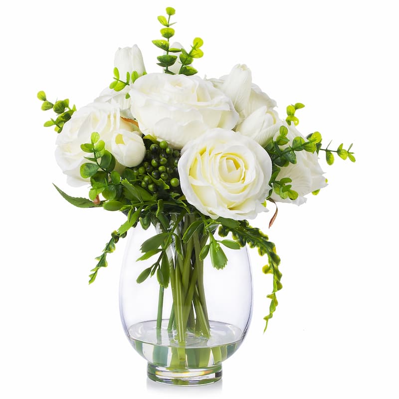 Enova Home Artificial Cream Real Touch Tulips and Roses Fake Silk Flowers Arrangement in Clear Glass Vase for Home Decoration