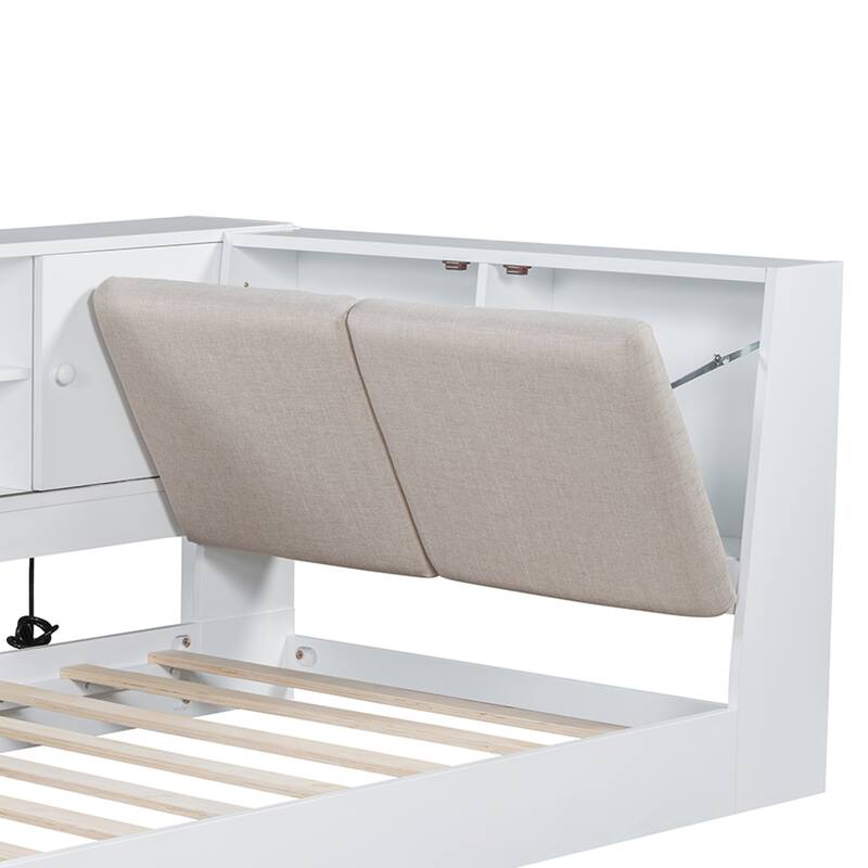 L-shaped Daybed Wooden Corner Sofa Bed Frame with Sliding Doors Bookcase Captains Bed, Upholstered Headboard Built-in Storage