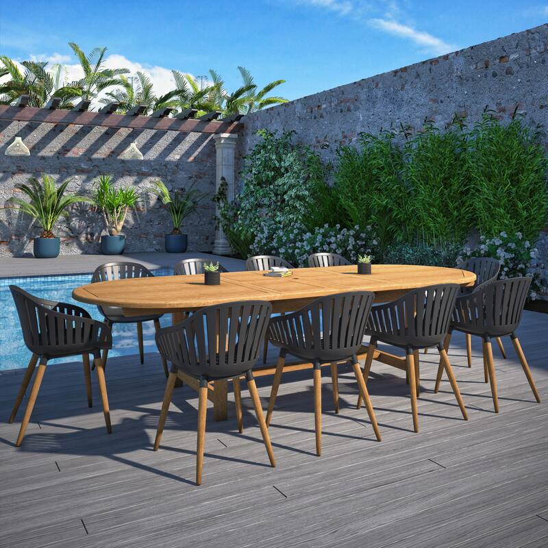 Amazonia Torrington 11pc Certified Teak Outdoor Patio Dining set - Black Armchair - Wood Legs