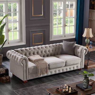 3 Seat Linen Fabric Couch, Solid Wood Chesterfield Round Armrest Sofa