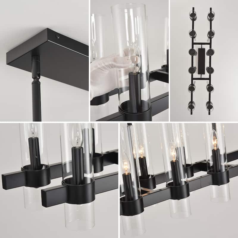 Black Chandelier Linear with Clear Glass Shade, 12-Lights Farmhouse Ceiling Hanging Fixture Over Table,NO INCLUDED BULBS