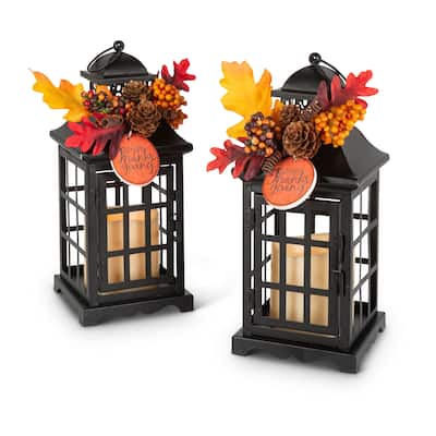 Set of 2 Autumn Lanterns with Fall Floral Accents
