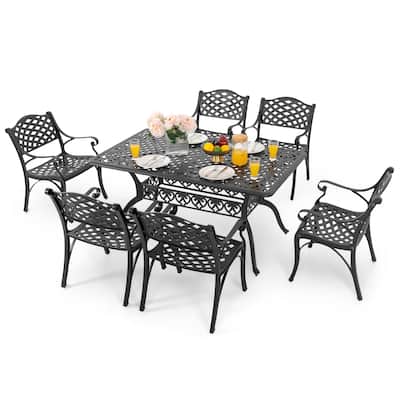 Outdoor 7-Piece Cast Aluminum Dining Set, Lattice and Floral Patterns