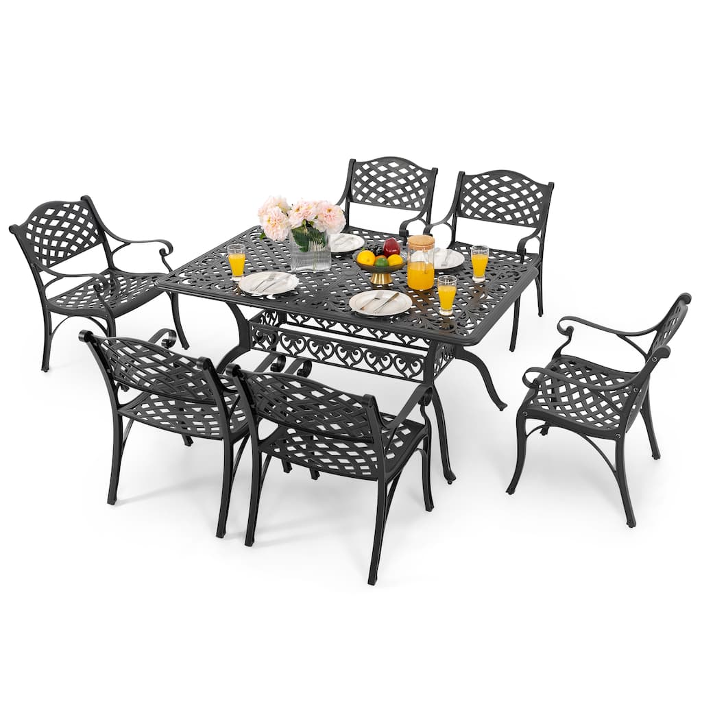 Outdoor 7-Piece Cast Aluminum Dining Set, Lattice and Floral Patterns