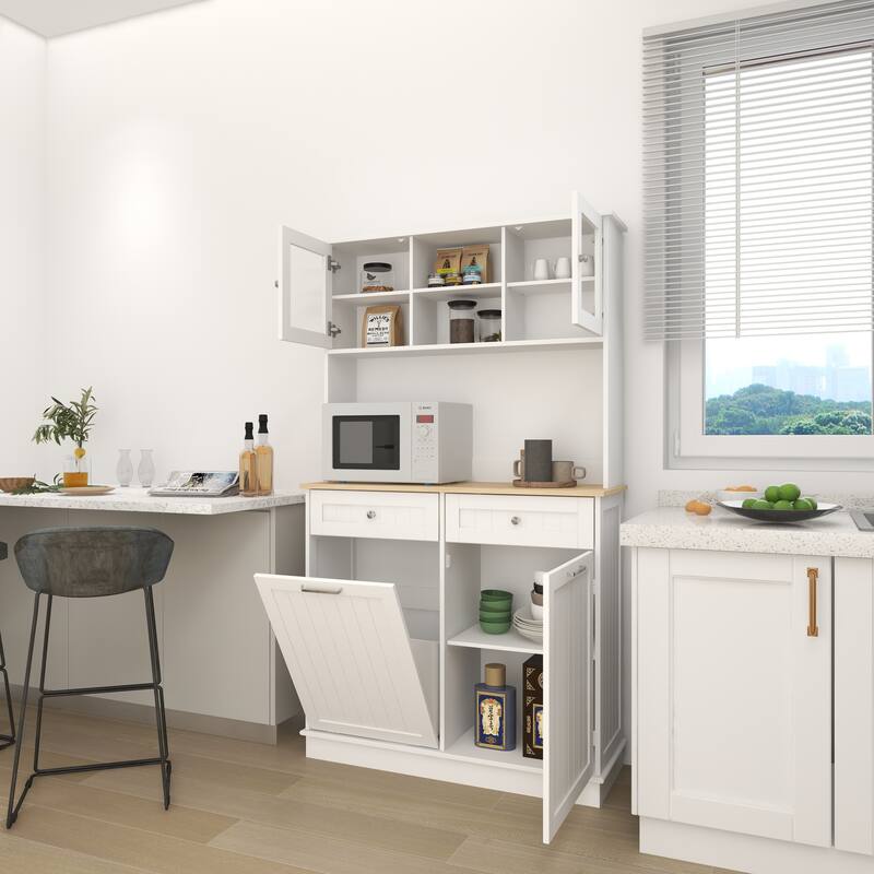 Anmytek 67.7" Tall White Kitchen Storage Cabinet with Tilt Out Trash, 2 Drawers & Adjustable Shelves
