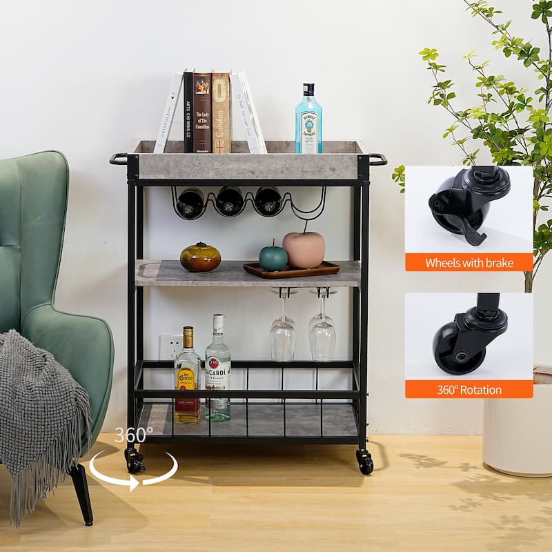3-Tier Industrial Kitchen Serving Trolley - Wood and Metal Bar Cart with Wine Rack