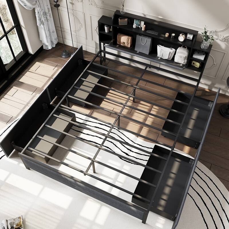French Queen Size Bed Frame Platform with Brown/Black Storage Headboard & 4 Storage Drawers