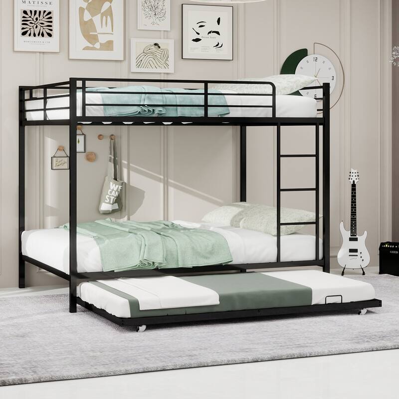 Metal Bunk Bed with Trundle and Safety Rails Modern Minimalist Design for Kids Guest or Shared Rooms