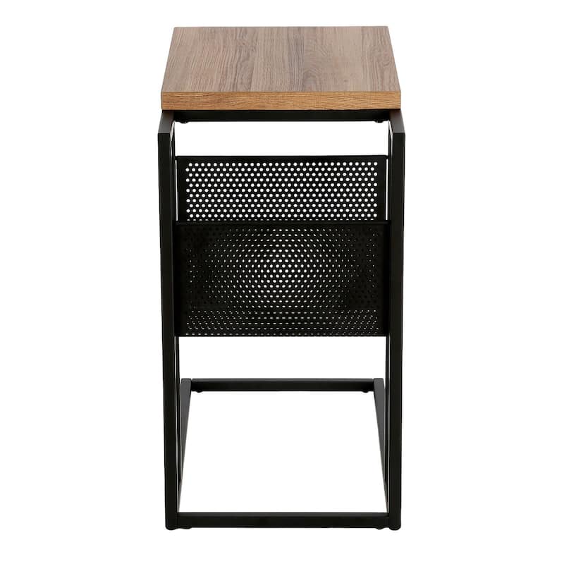 Brown Wood C Table with Black Steel Base and Magazine Rack Storage - 12” x 20” x 22” (D x W x H)