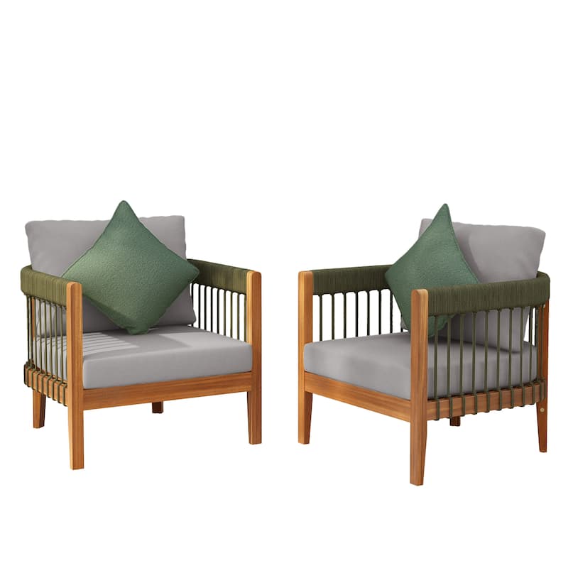 [Set of 2] Acacia Wood Outdoor Club Chair with Handwoven Rope Accents & Curved Backrest - Water-Resistant,Removable Cushions