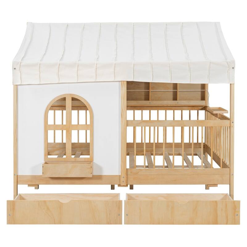 Full Size House Bed with 2 Drawers, Side Bookshelf with LED Strip