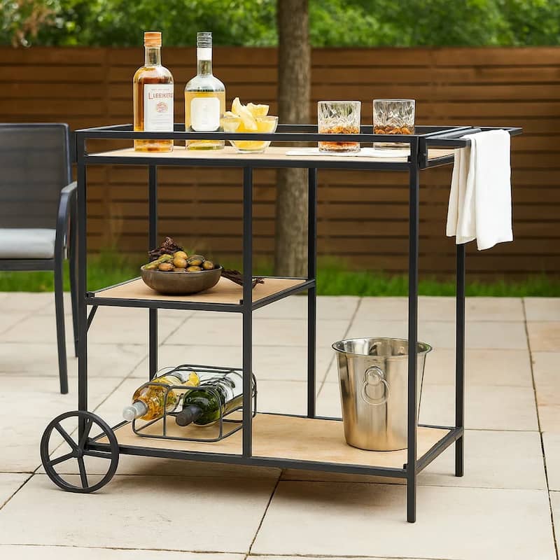 32 Inch Bar Cart, 3 Tiers, Fir Wood Shelves, Iron Frame, Black, Brown