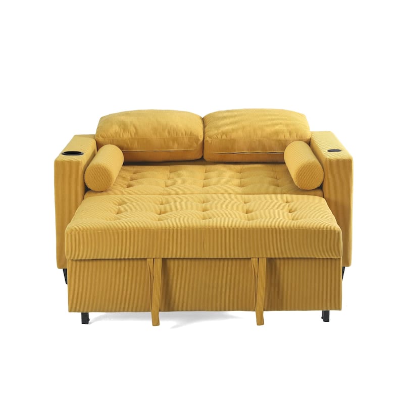 2 Set Corduroy Convertible Sleeper Sofa Bed Loveseats with Cup Holder, USB Ports & Storage