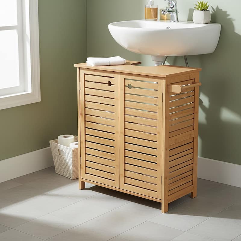 Natural Under Sink Cabinet with U-Shaped Cut-Out, Double Vented Doors, Towel Holder - Trinidad Collection